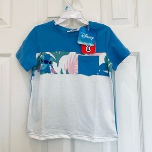 Disney Stitch Floral Plant Print Blue and White Boy T-Shirts